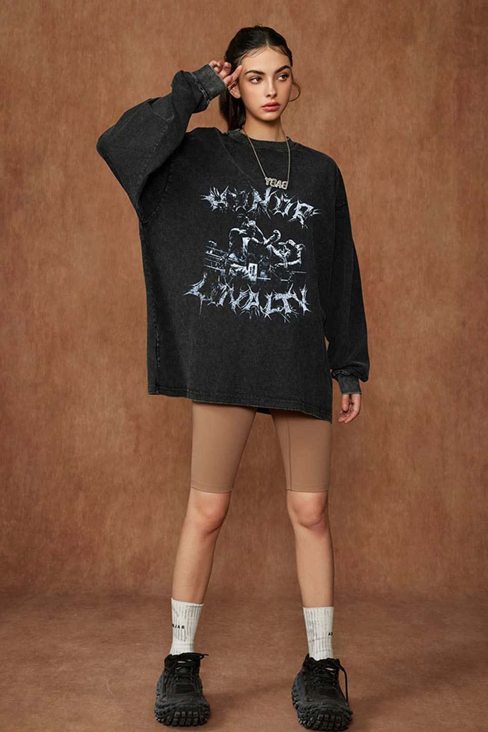 Women's Oversized Dark Gothic Pure Cotton Washed Long Sleeve T-Shirt