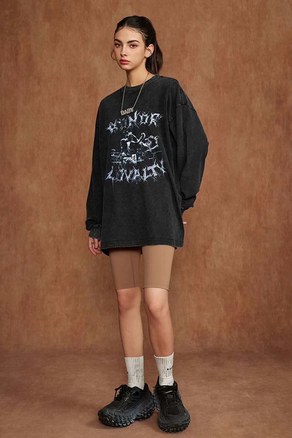 Women's Oversized Dark Gothic Pure Cotton Washed Long Sleeve T-Shirt