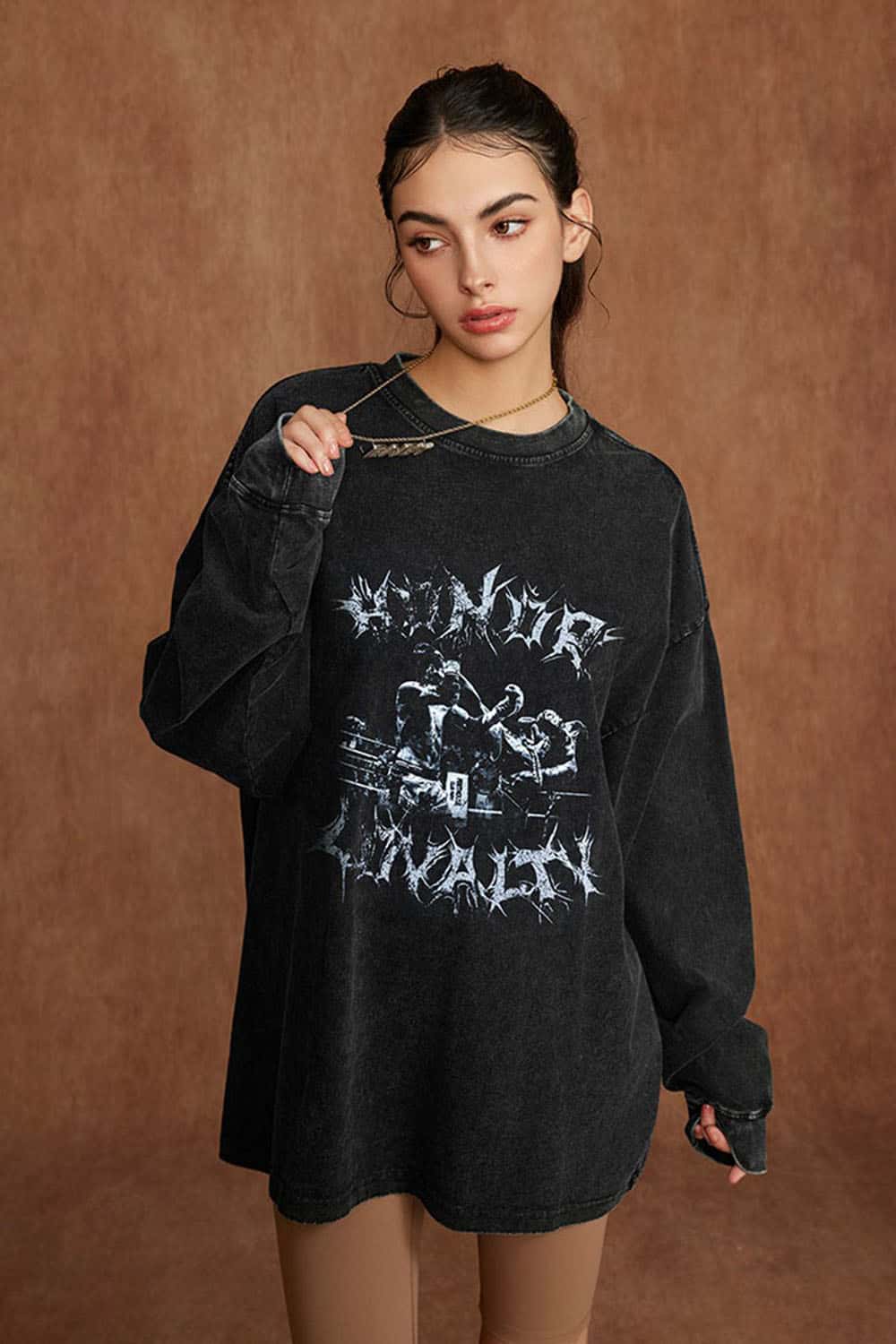 Women's Oversized Dark Gothic Pure Cotton Washed Long Sleeve T-Shirt