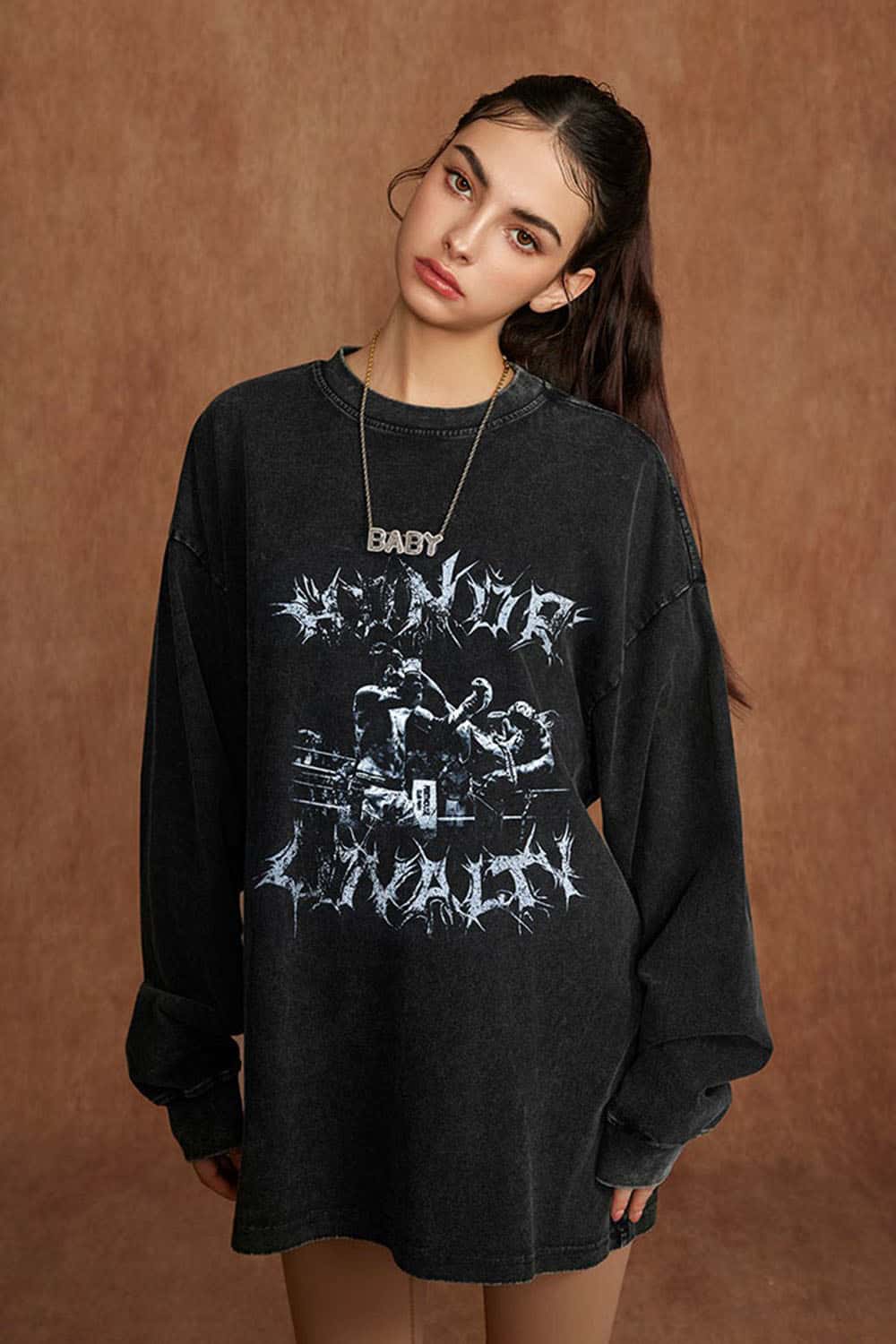 Women's Oversized Dark Gothic Pure Cotton Washed Long Sleeve T-Shirt