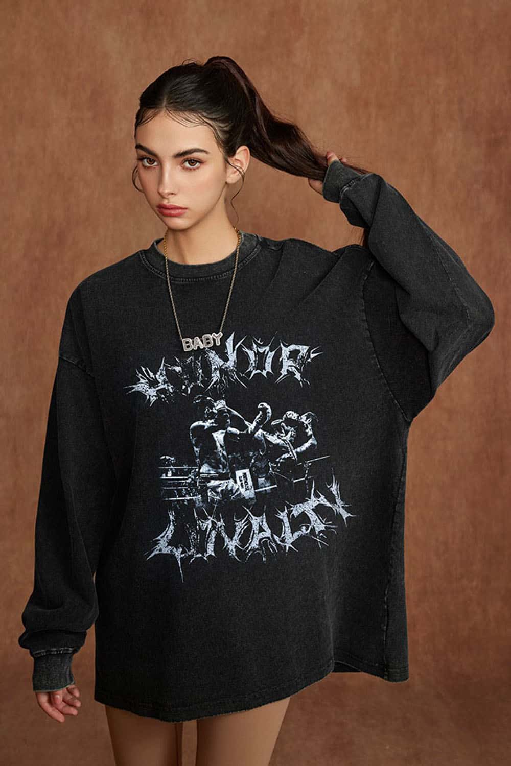 Women's Oversized Dark Gothic Pure Cotton Washed Long Sleeve T-Shirt