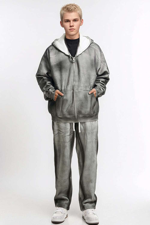 Distressed Gradient Zip-Up Hoodie - Flower Gray
