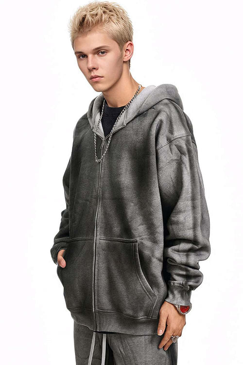 Distressed Gradient Zip-Up Hoodie - Flower Gray