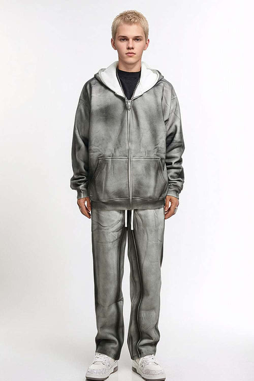 Distressed Gradient Zip-Up Hoodie - Flower Gray