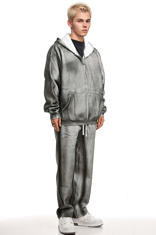 Distressed Gradient Zip-Up Hoodie - Flower Gray