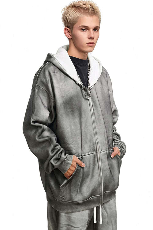 Distressed Gradient Zip-Up Hoodie - Flower Gray
