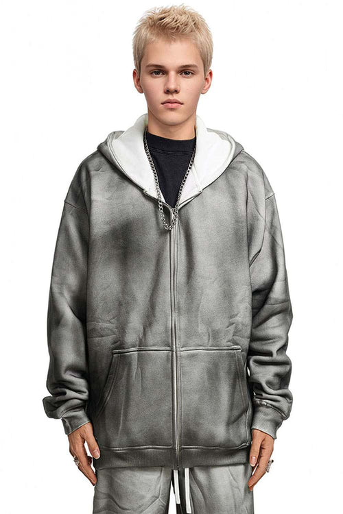 Distressed Gradient Zip-Up Hoodie - Flower Gray