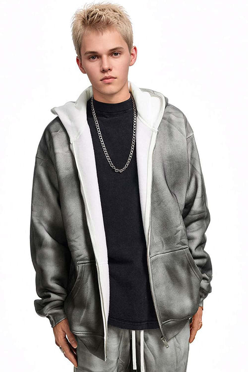 Distressed Gradient Zip-Up Hoodie - Flower Gray