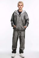 Distressed Gradient Zip-Up Hoodie - Flower Gray
