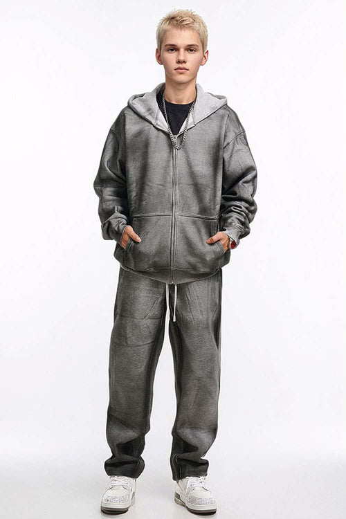 Distressed Gradient Zip-Up Hoodie - Flower Gray