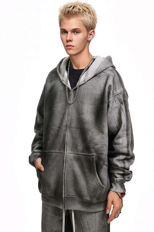 Distressed Gradient Zip-Up Hoodie - Flower Gray