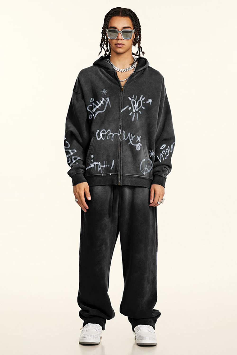 Men's Graffiti Hand-Painted Full Print Plush-Lined Zip Hoodie