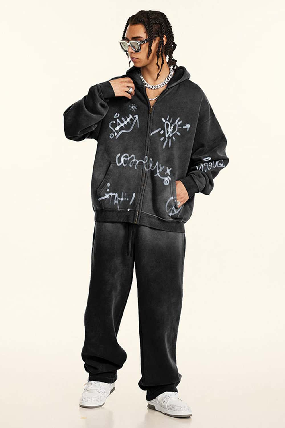 Men's Graffiti Hand-Painted Full Print Plush-Lined Zip Hoodie