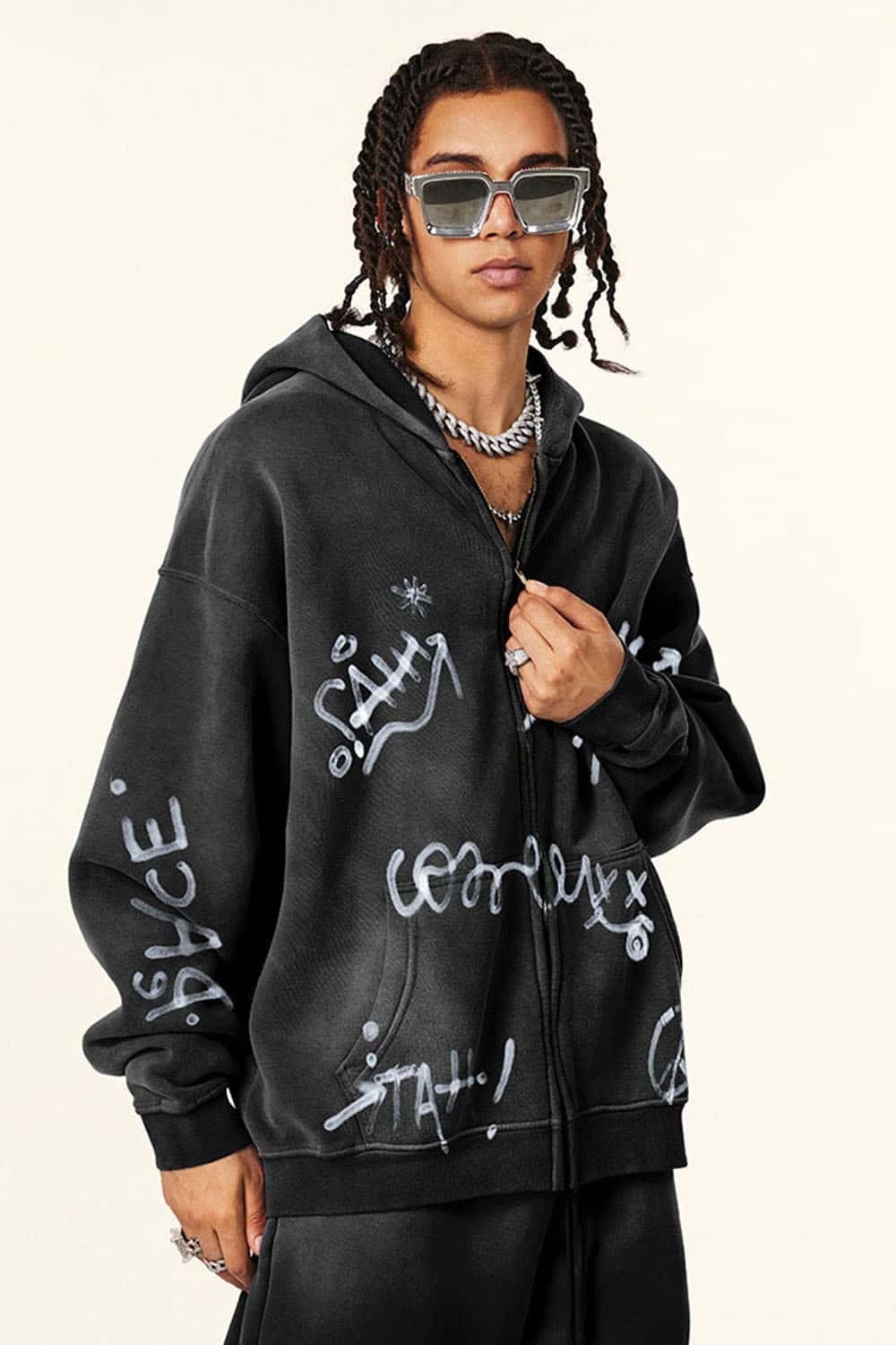 Men's Graffiti Hand-Painted Full Print Plush-Lined Zip Hoodie