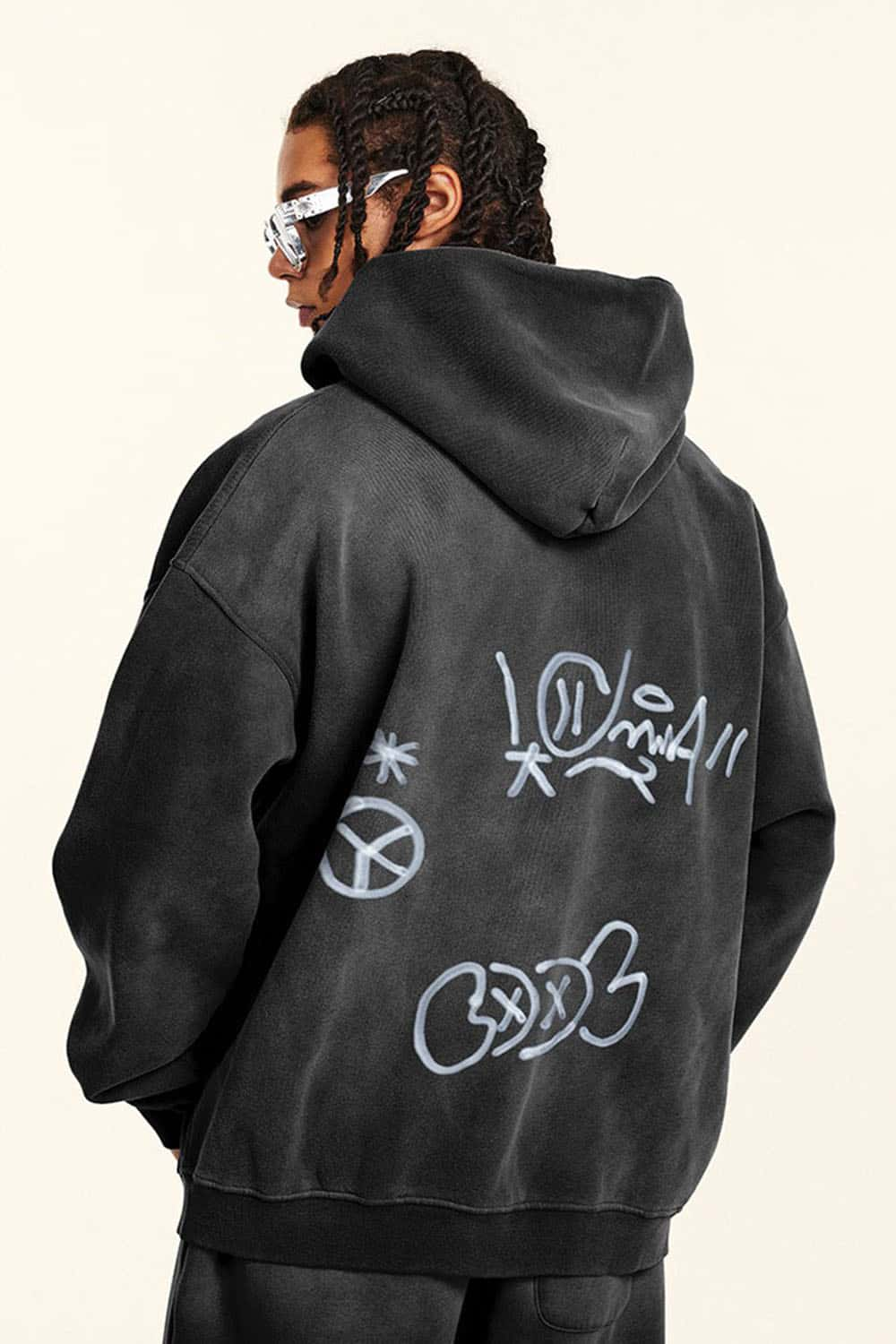 Men's Graffiti Hand-Painted Full Print Plush-Lined Zip Hoodie