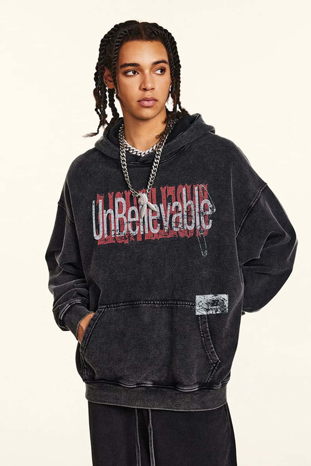 Heavyweight Contrast Vintage Design Distressed Hoodie