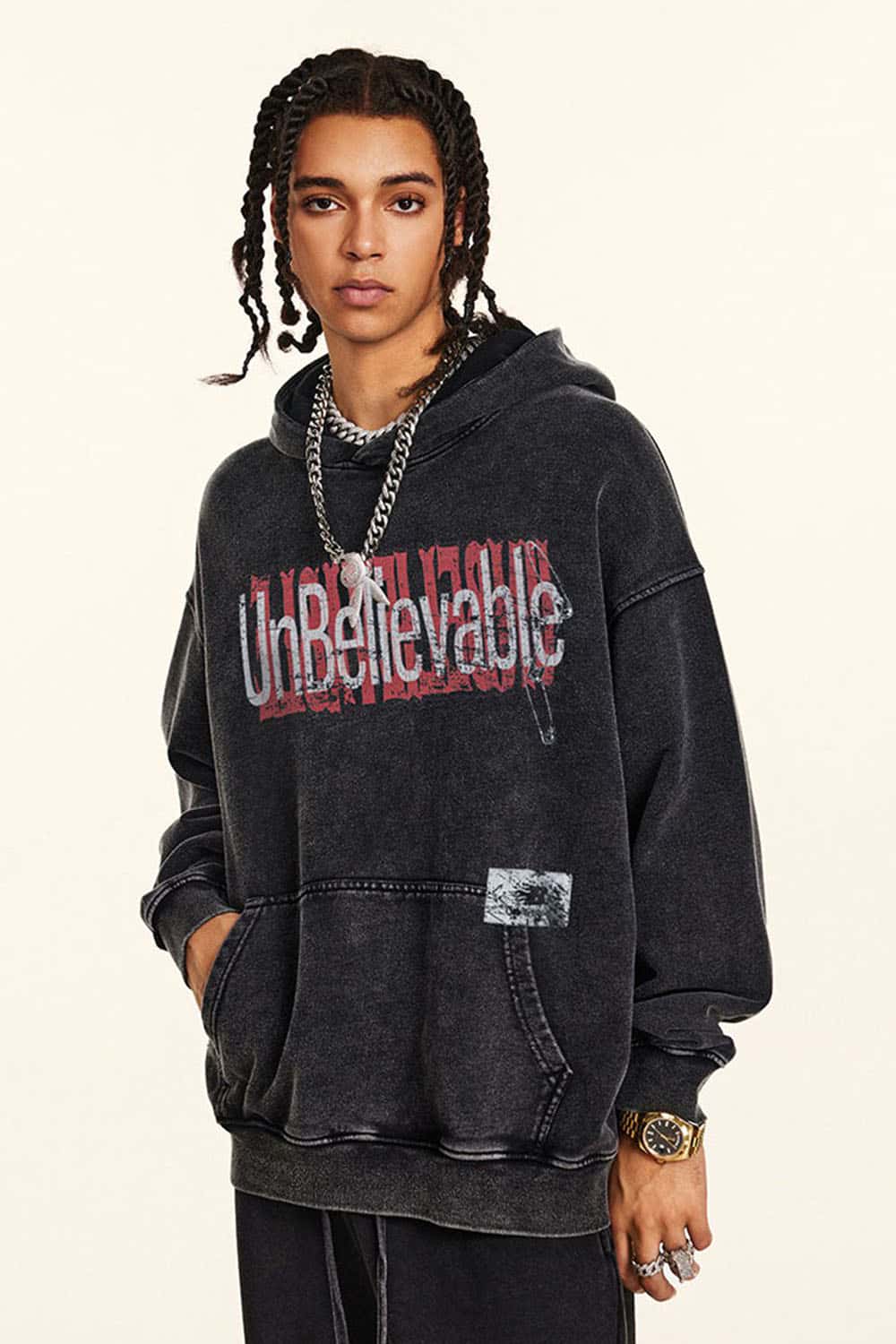 Heavyweight Washed Letter-Graphic Cotton Hoodie in Fried Snowflakes - product detail close-up