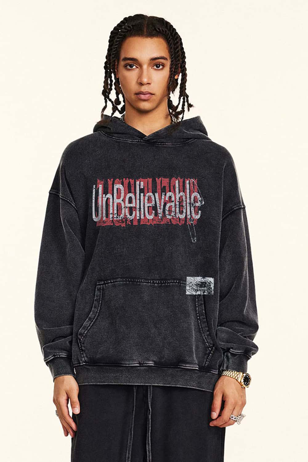 Heavyweight Washed Letter-Graphic Cotton Hoodie in Fried Snowflakes - product detail close-up