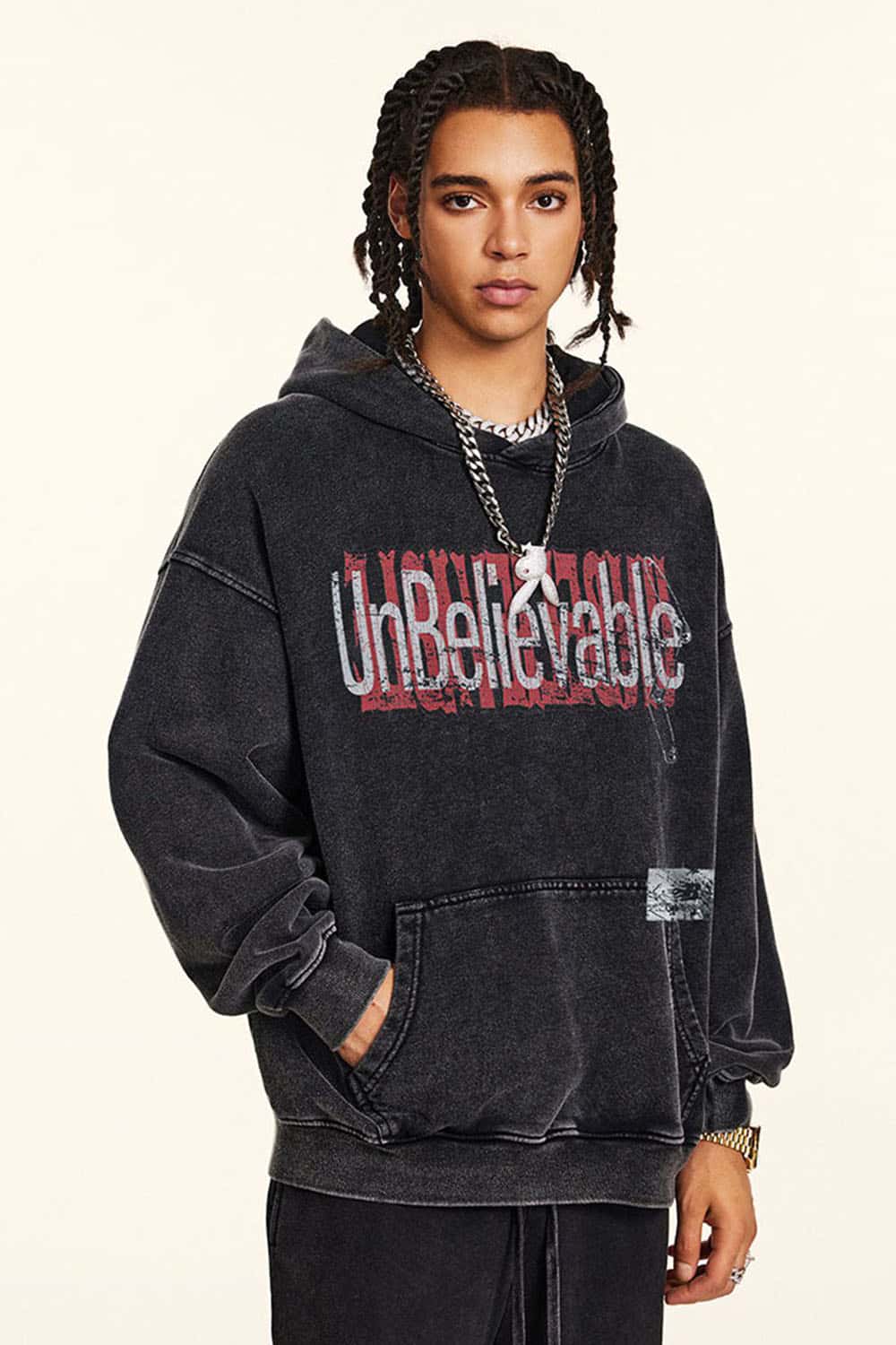 Heavyweight Washed Letter-Graphic Cotton Hoodie in Fried Snowflakes - product detail close-up