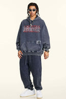 Heavyweight Washed Letter-Graphic Cotton Hoodie in Royal Blue - full-length front modeled view