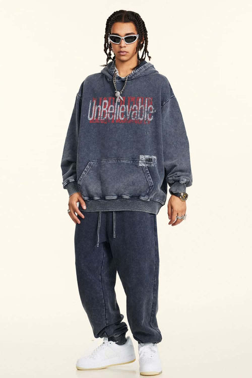Heavyweight Washed Letter-Graphic Cotton Hoodie in Royal Blue - full-length front modeled view