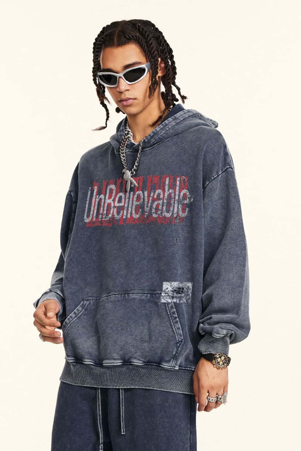 Heavyweight Washed Letter-Graphic Cotton Hoodie in Royal Blue - three-quarter front modeled view
