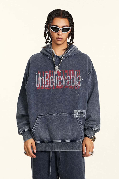Heavyweight Washed Letter-Graphic Cotton Hoodie in Royal Blue - product detail close-up