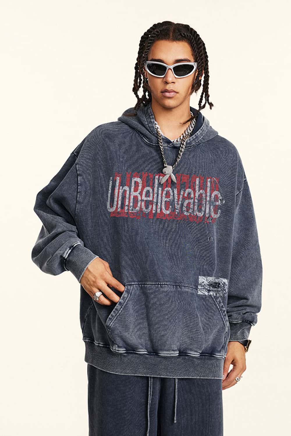 Heavyweight Washed Letter-Graphic Cotton Hoodie in Royal Blue - product detail close-up