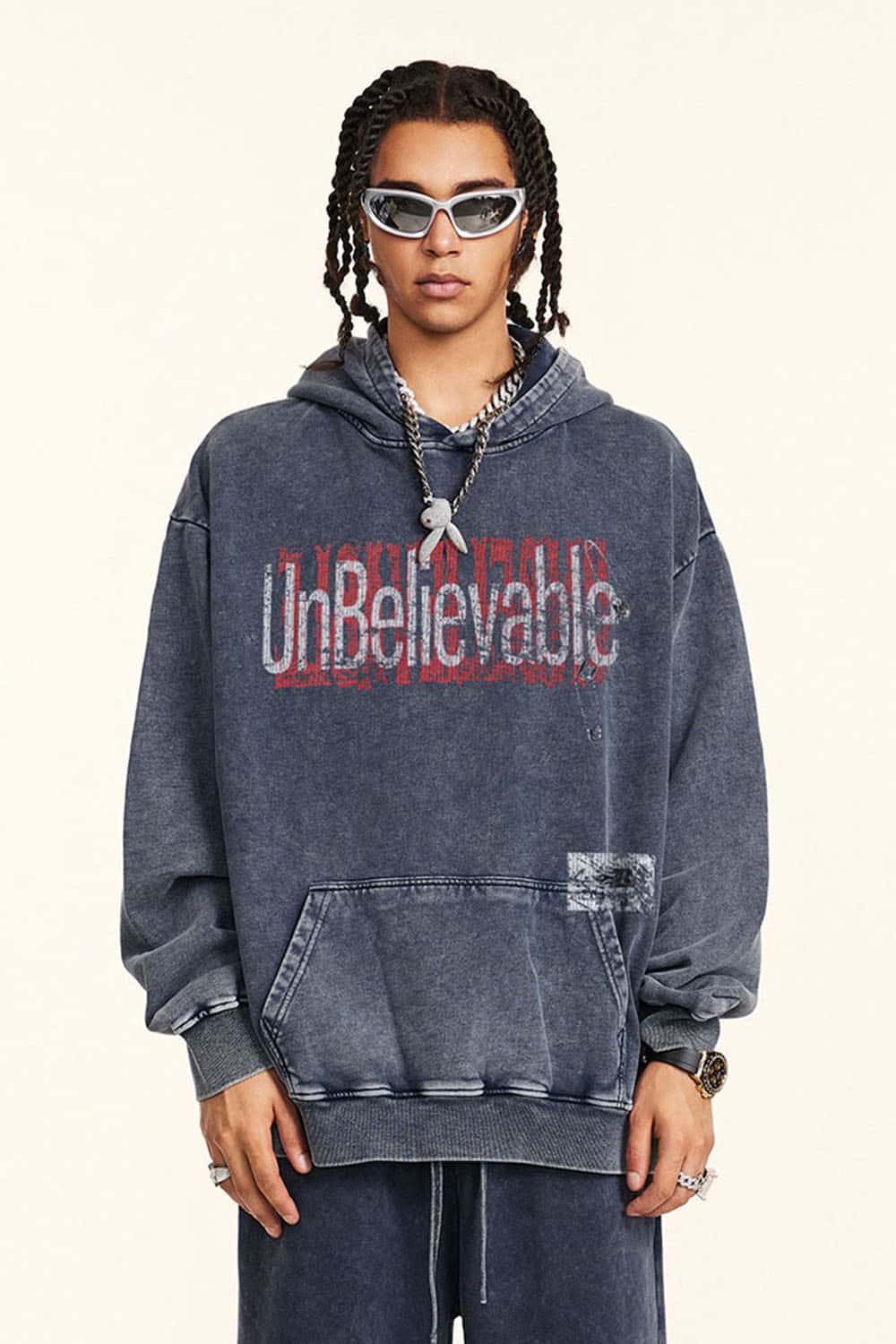 Heavyweight Washed Letter-Graphic Cotton Hoodie in Royal Blue - product detail close-up
