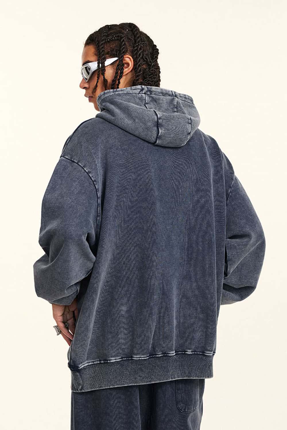 Heavyweight Washed Letter-Graphic Cotton Hoodie in Royal Blue - back modeled view