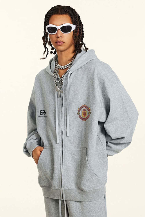 Heavyweight Vintage Zip-Up Hoodie - Flower Gray