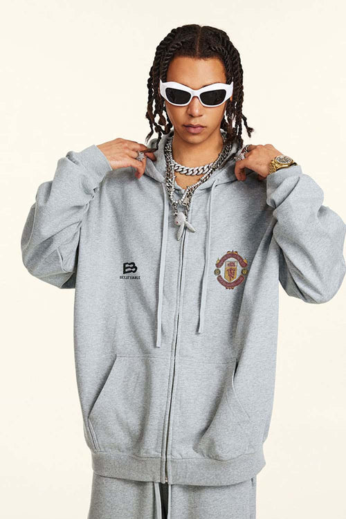 Heavyweight Vintage Zip-Up Hoodie - Flower Gray