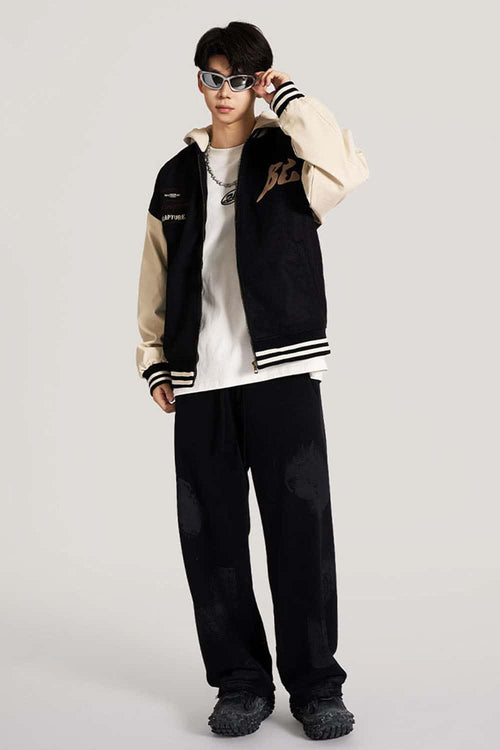Premium Towel-Embroidered Bomber Jacket - Black