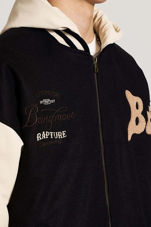 Premium Towel-Embroidered Bomber Jacket - Black