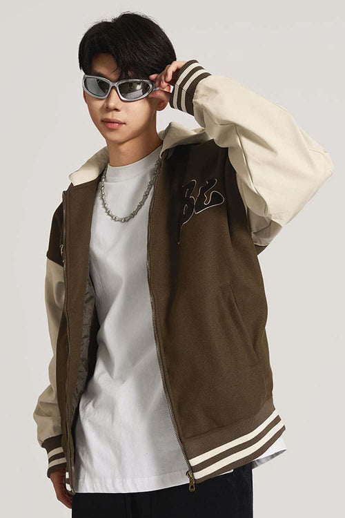 Premium Towel-Embroidered Bomber Jacket - Coffee