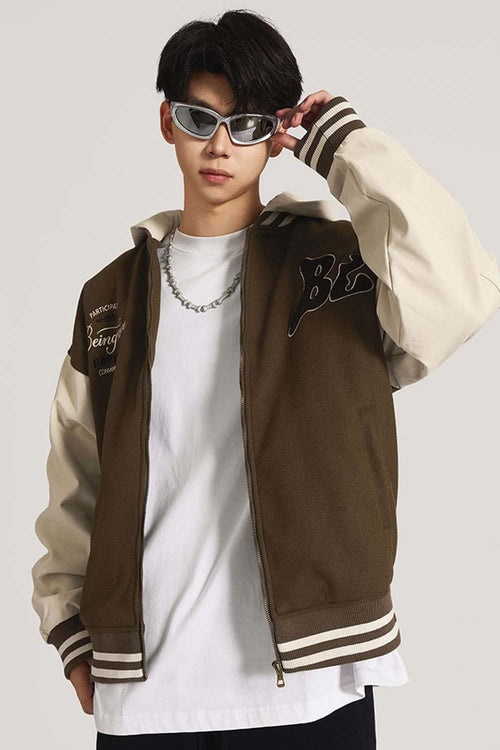 Premium Towel-Embroidered Bomber Jacket - Coffee
