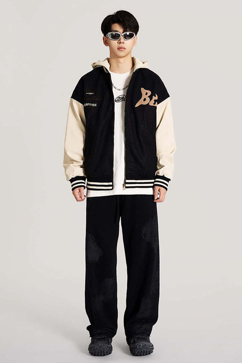 Premium Towel-Embroidered Bomber Jacket - Black