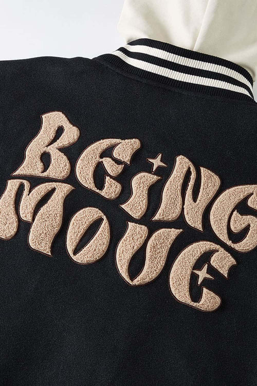 Premium Towel-Embroidered Bomber Jacket - Black