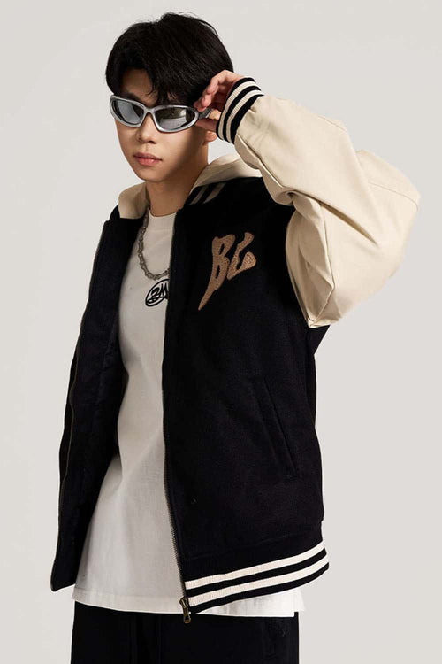 Premium Towel-Embroidered Bomber Jacket - Black