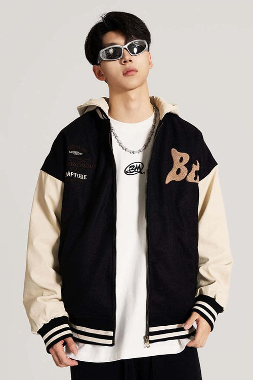Premium Towel-Embroidered Bomber Jacket - Black