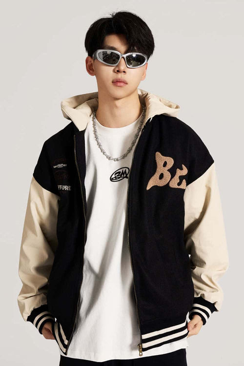 Premium Towel-Embroidered Bomber Jacket - Black