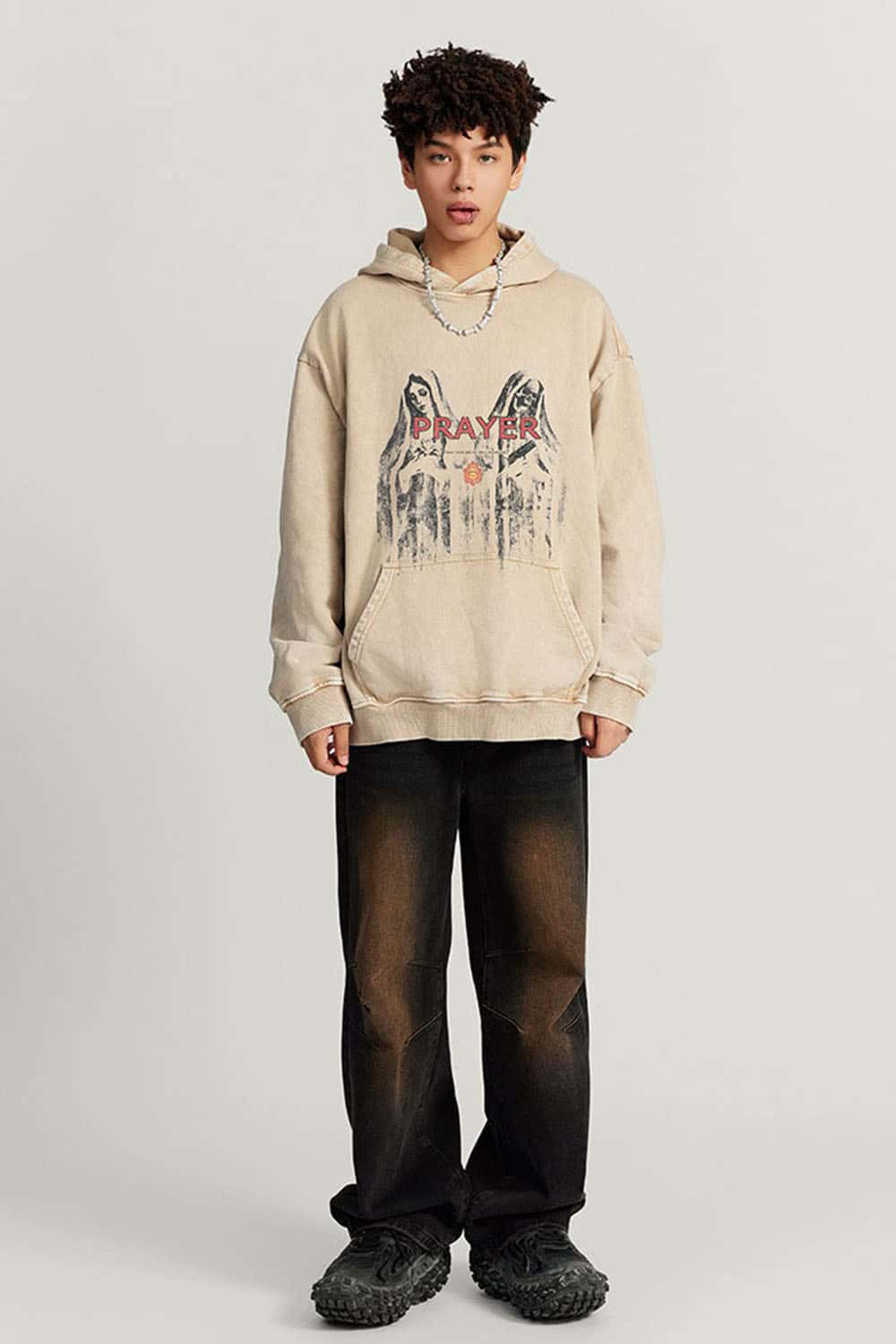 Oversized Heavyweight Washed Cotton Hoodie with Gothic Print