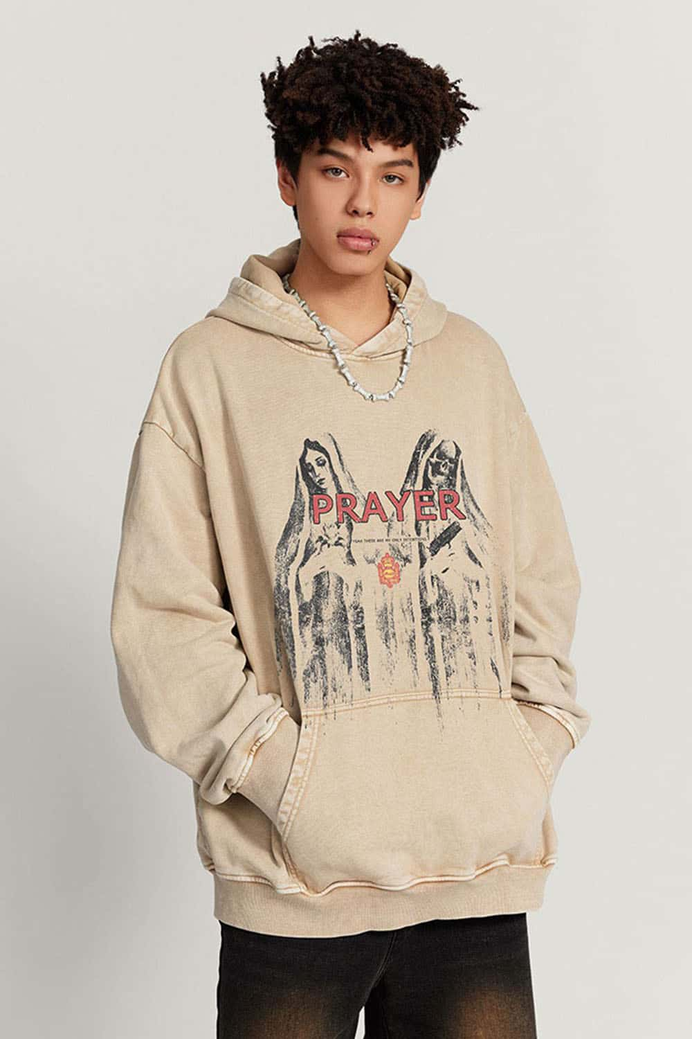 Oversized Heavyweight Washed Cotton Hoodie with Gothic Print