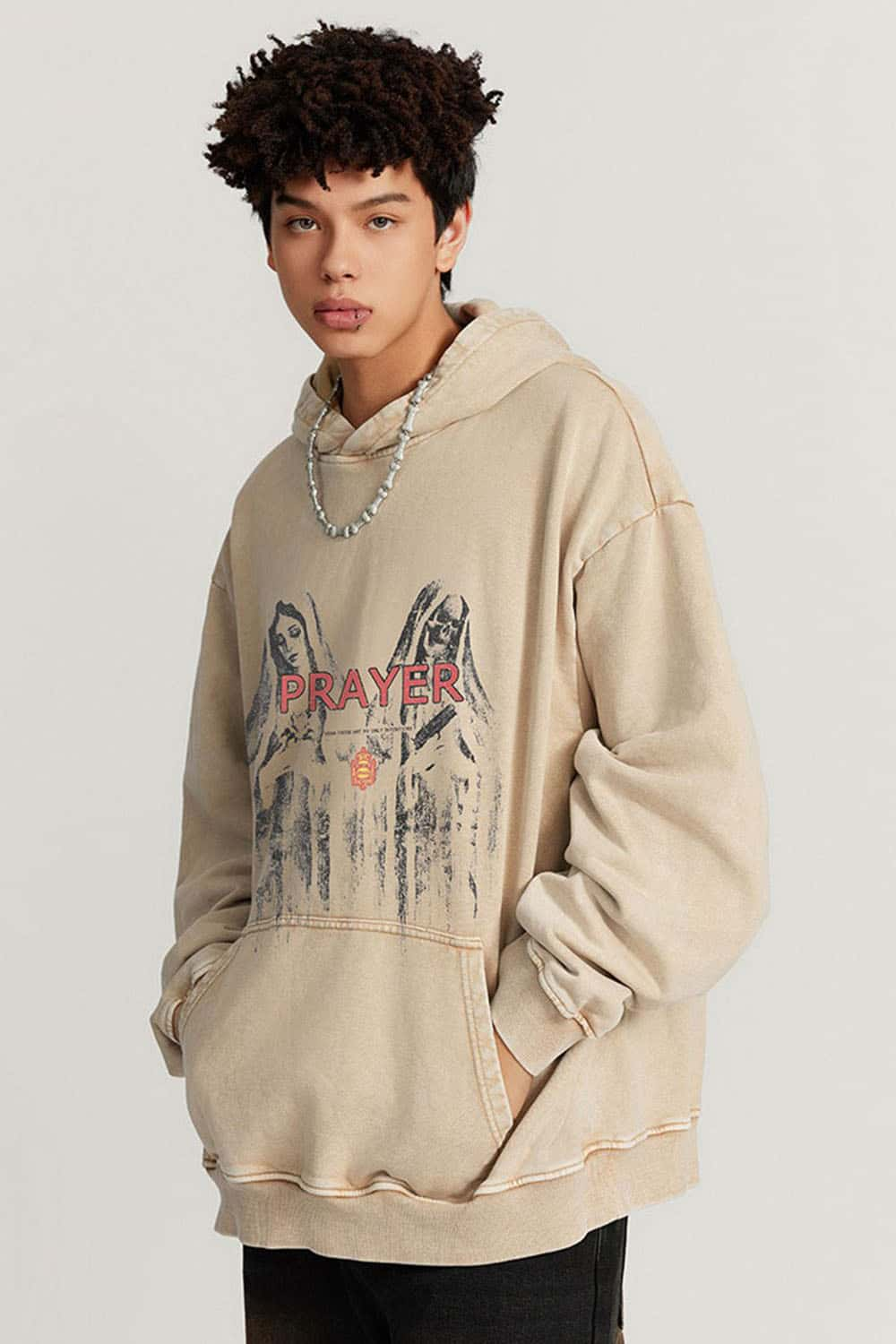 Oversized Heavyweight Washed Cotton Hoodie with Gothic Print