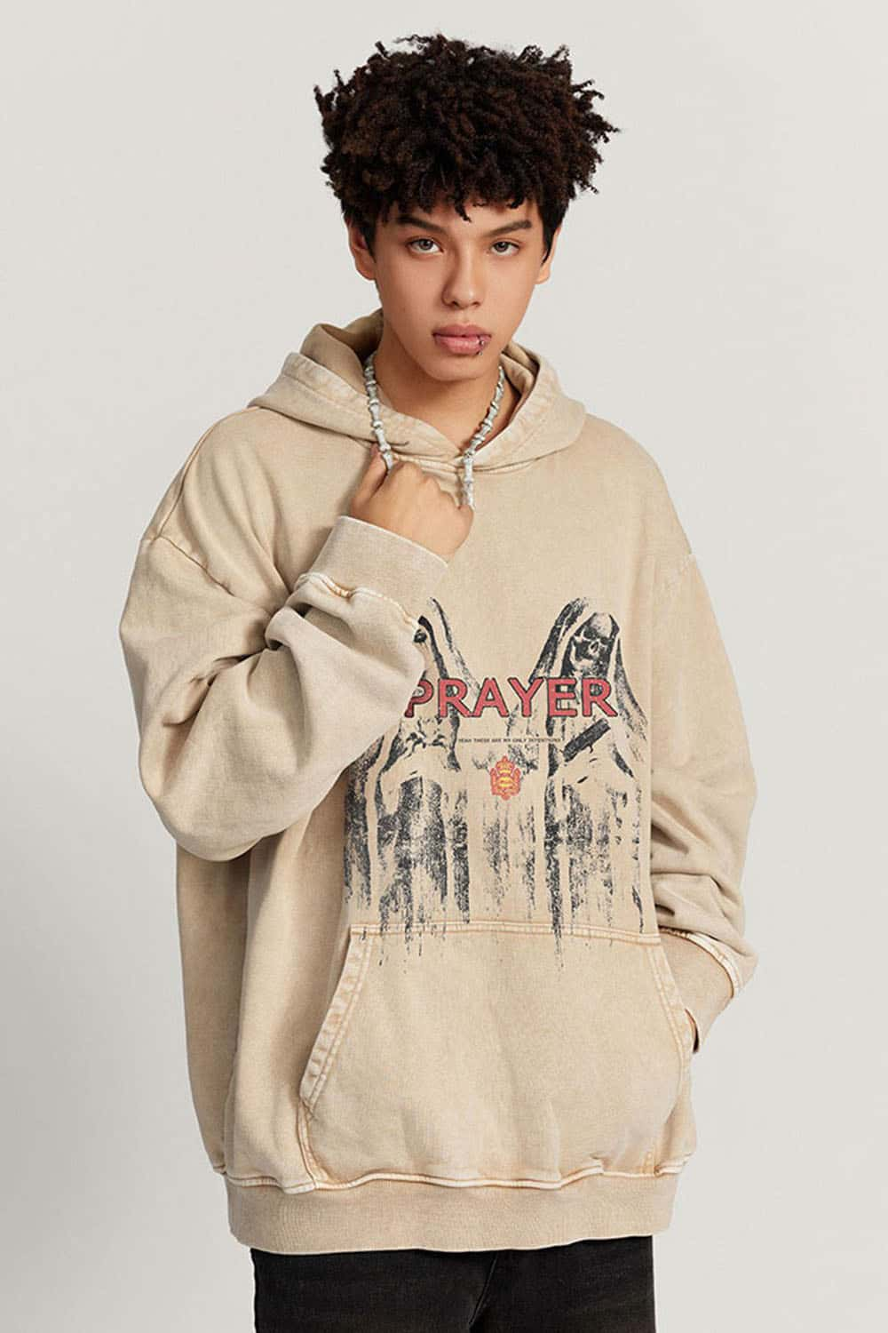 Oversized Heavyweight Washed Cotton Hoodie with Gothic Print