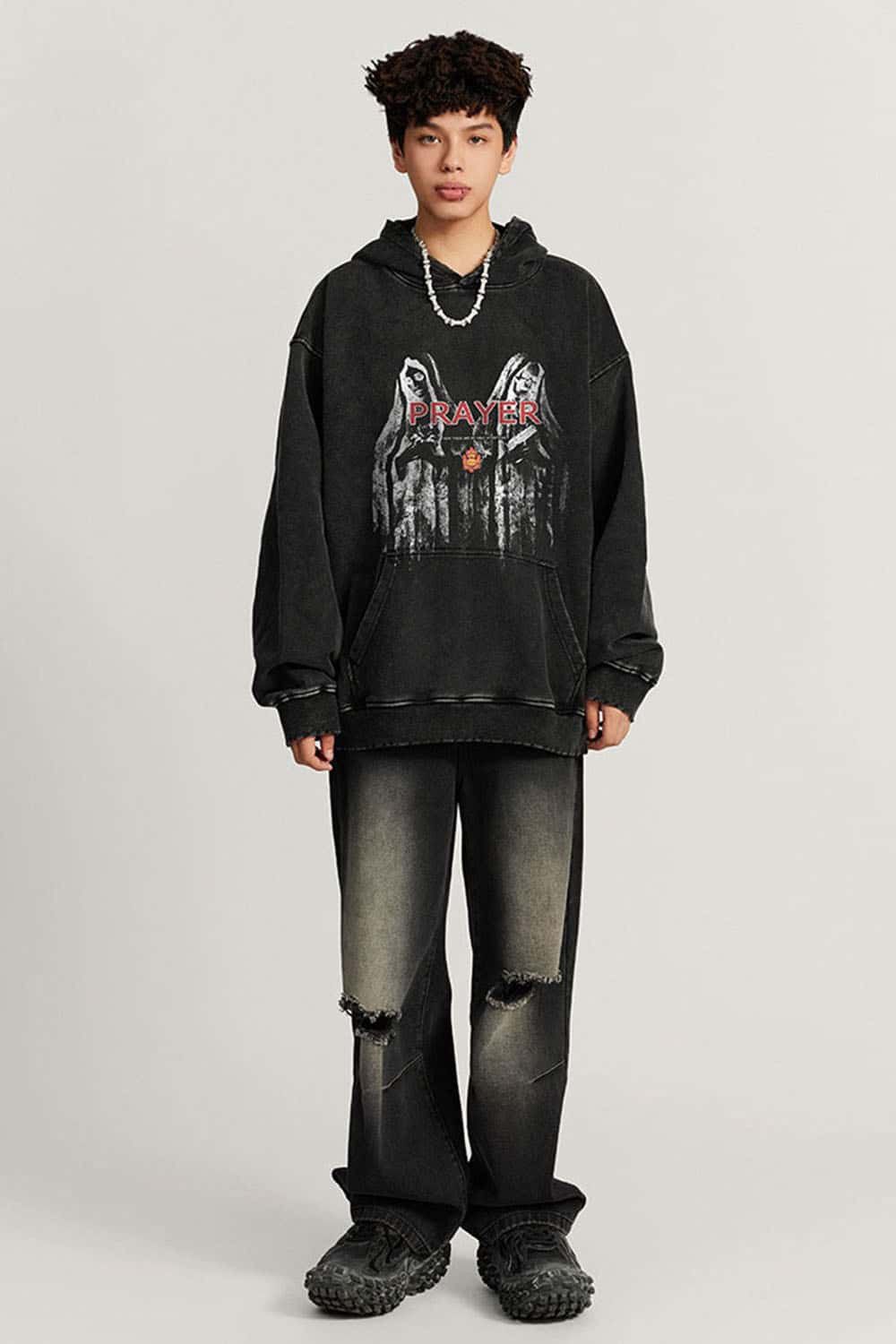 Oversized Heavyweight Washed Cotton Hoodie with Gothic Print