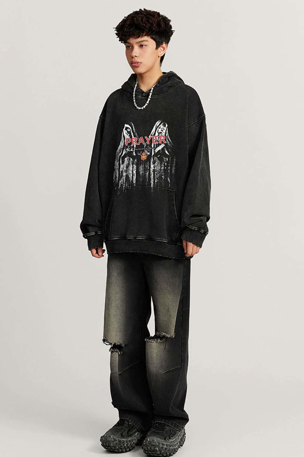 Oversized Heavyweight Washed Cotton Hoodie with Gothic Print