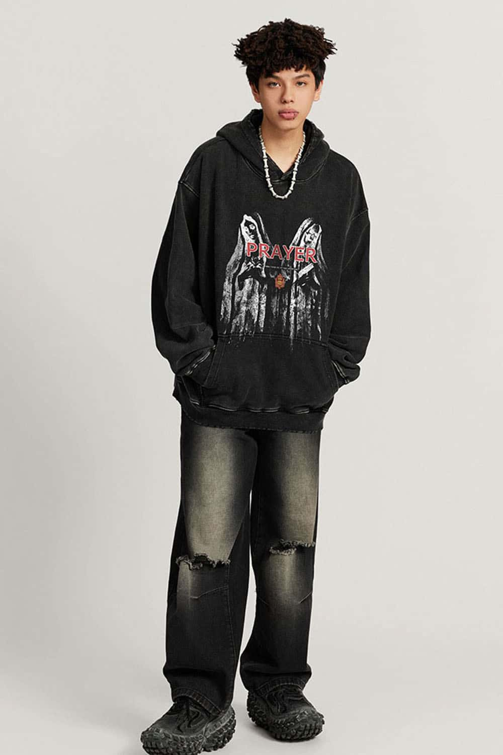 Oversized Heavyweight Washed Cotton Hoodie with Gothic Print