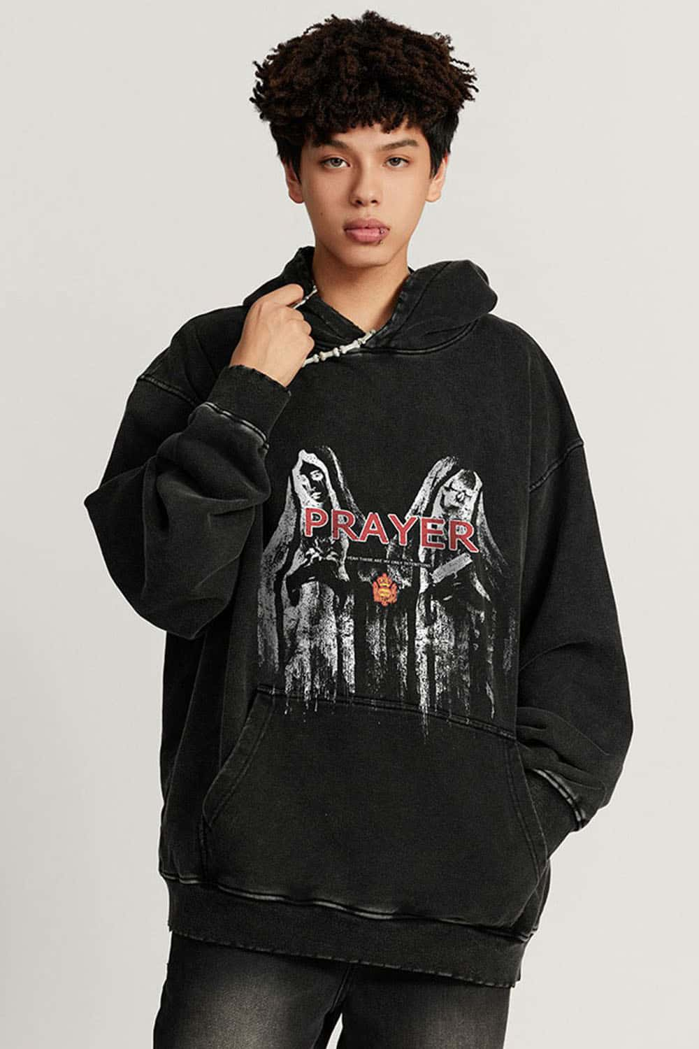 Oversized Heavyweight Washed Cotton Hoodie with Gothic Print