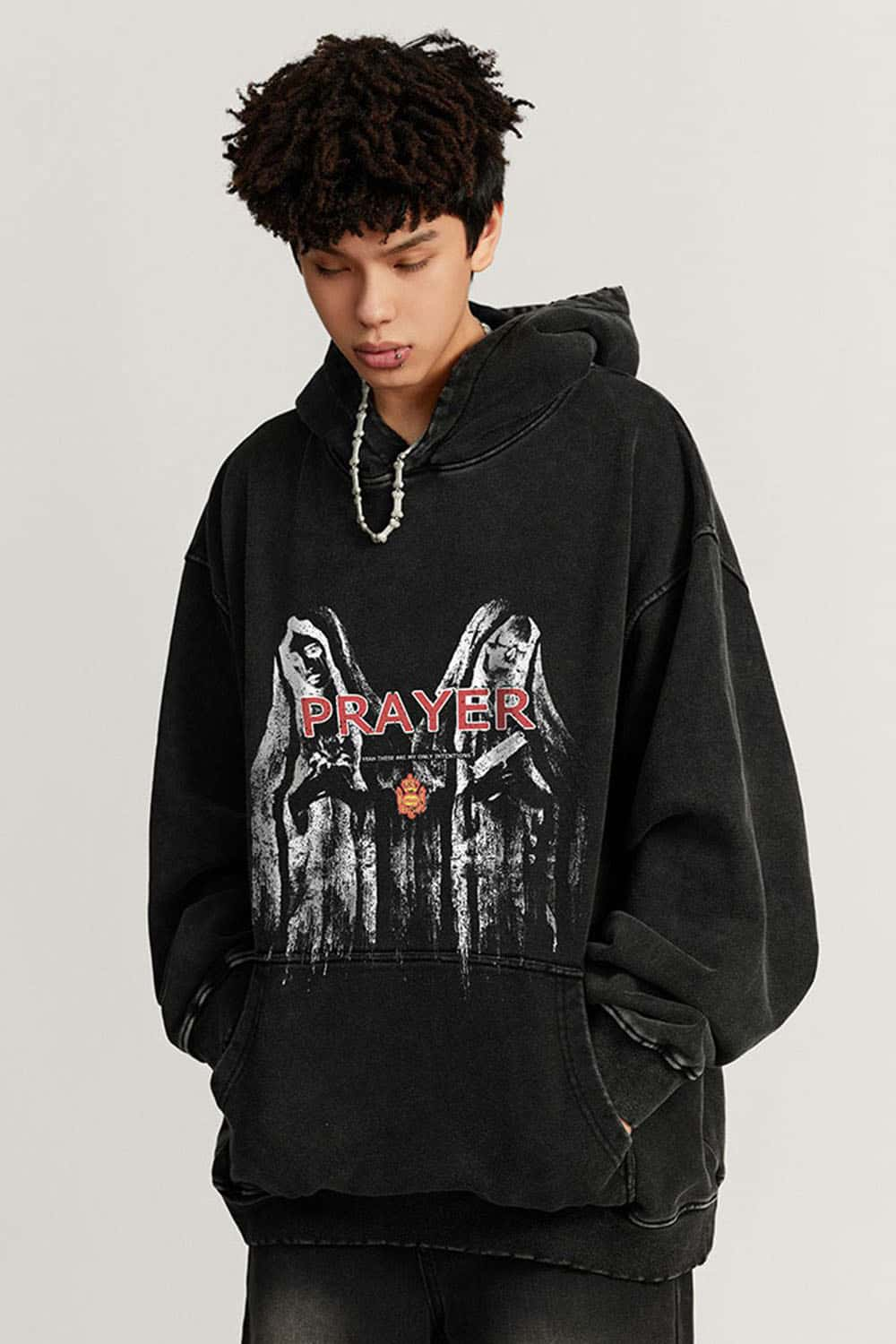 Oversized Heavyweight Washed Cotton Hoodie with Gothic Print